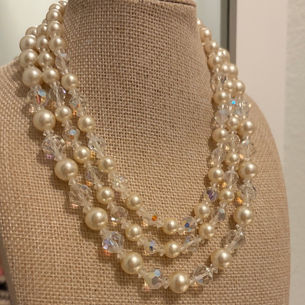CORO Vintage Pearl and AB Crystal Necklace